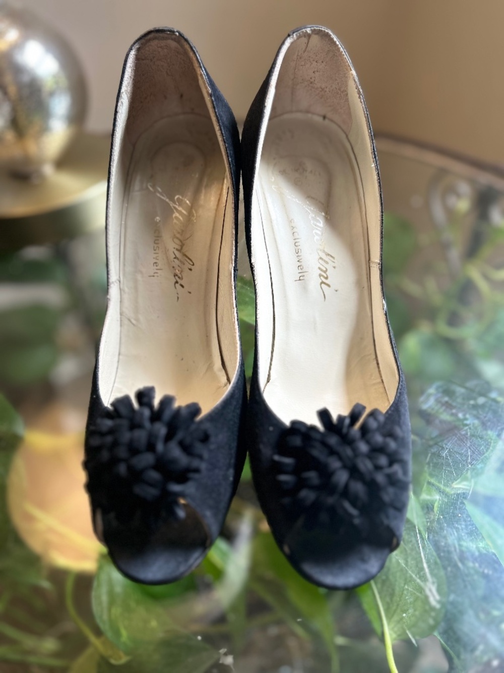 VINTAGE-Lavorazioni Artigianali Black Textile Pumps Women’s 6 Peep Toe Flower